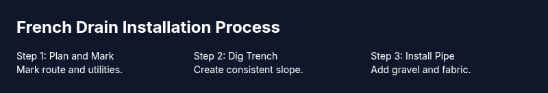 Process diagram of French drain installation steps
