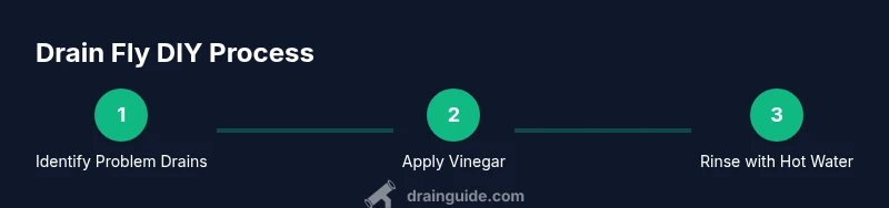 Infographic showing a 3-step process for using vinegar and baking soda to control drain flies