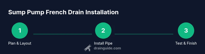 Process infographic showing steps for installing a sump pump french drain