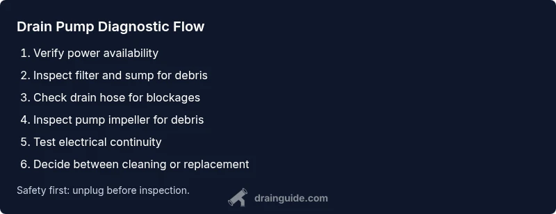 Checklist infographic for diagnosing Whirlpool dishwasher drain pump