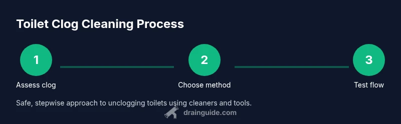 Process infographic showing assess, choose method, test flow steps for toilet clog cleaning