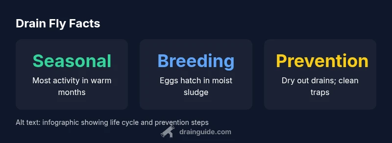 Infographic showing drain fly life cycle and prevention steps