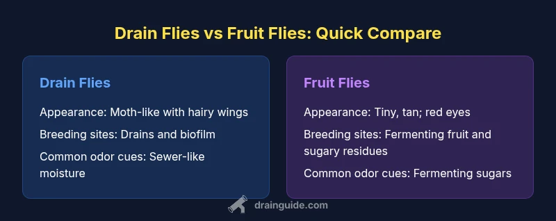 Comparison infographic of drain flies vs fruit flies