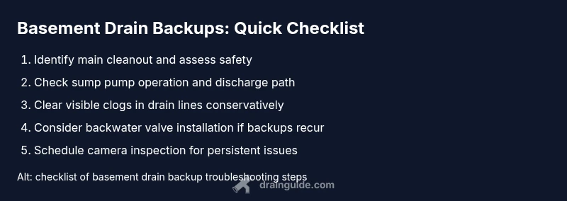 Checklist infographic showing steps to troubleshoot basement drain backup