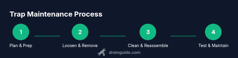 Diagram showing a step-by-step process to inspect, clean, and maintain a bathroom sink drain trap