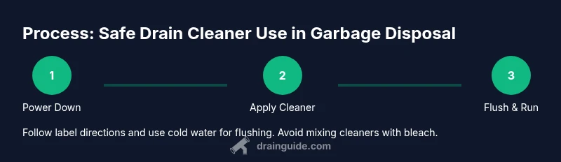 Infographic showing three-step process for using drain cleaner with a garbage disposal