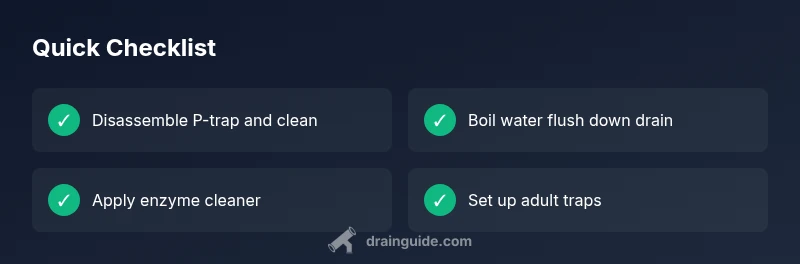 Checklist infographic showing steps to eliminate gnats in the drain