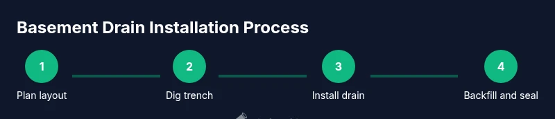 Process diagram showing planning, digging, installing a basement drain, and backfilling