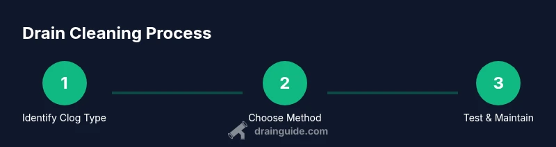 Diagram of a 3-step drain cleaning process showing identify, choose method, test and maintain