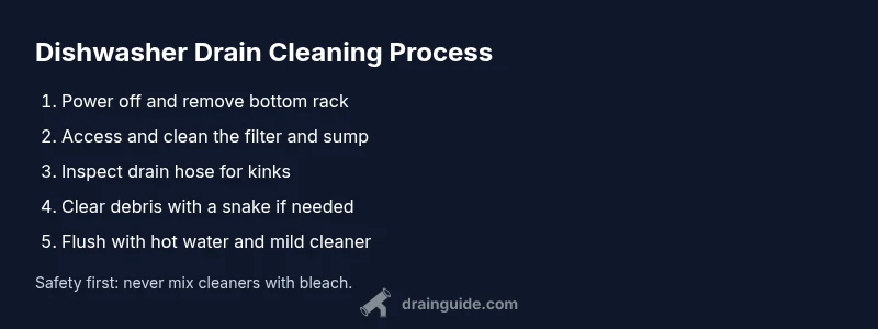 Infographic showing dishwasher drain cleaning steps