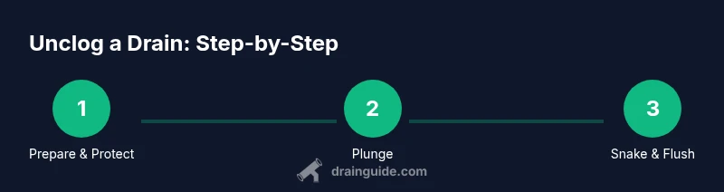 Infographic showing a three-step process to unclog a drain: prepare, plunge, snake & flush