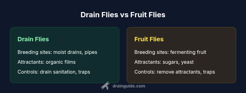 Comparison infographic showing drain flies vs fruit flies differences