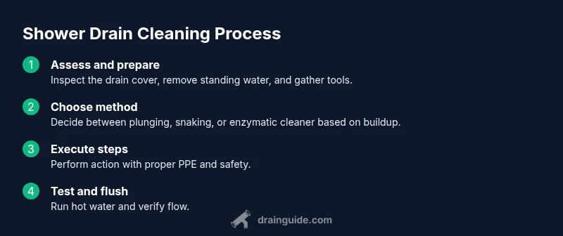 Process flow for shower drain cleaning in dark themed infographic