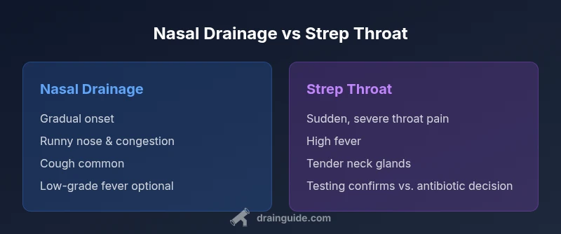 Infographic contrasting nasal drainage and strep throat symptoms