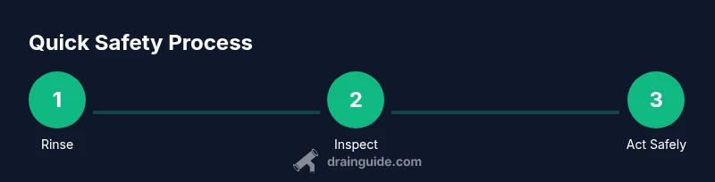 Infographic showing a three-step safety process after skin exposure to drain cleaner
