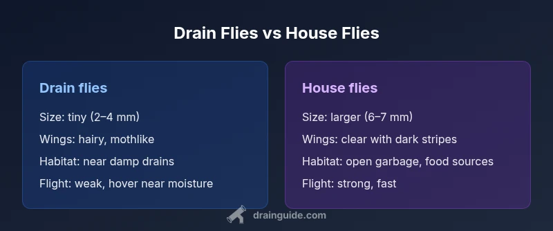 Comparison infographic showing drain flies vs house flies characteristics