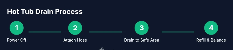 Infographic showing the four steps of draining a hot tub: power off, attach hose, drain to safe area, refill and balance