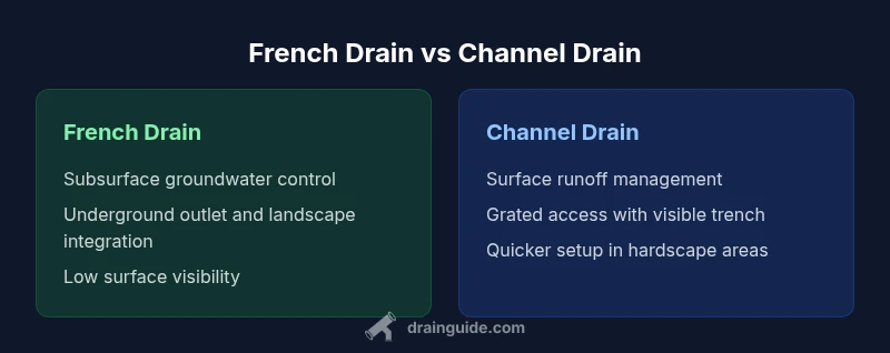 Comparison infographic of french drain vs channel drain showing subsurface vs surface drainage