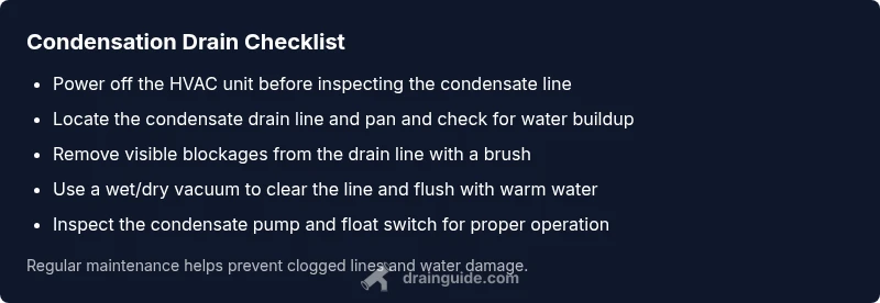 Checklist infographic showing steps to address condensation on AC drain line