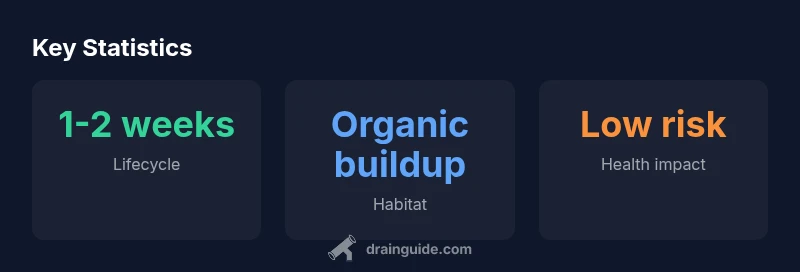 Infographic showing drain fly larvae lifecycle, habitat, and prevention