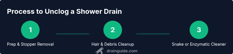 Infographic showing three-step process to unclog a shower drain